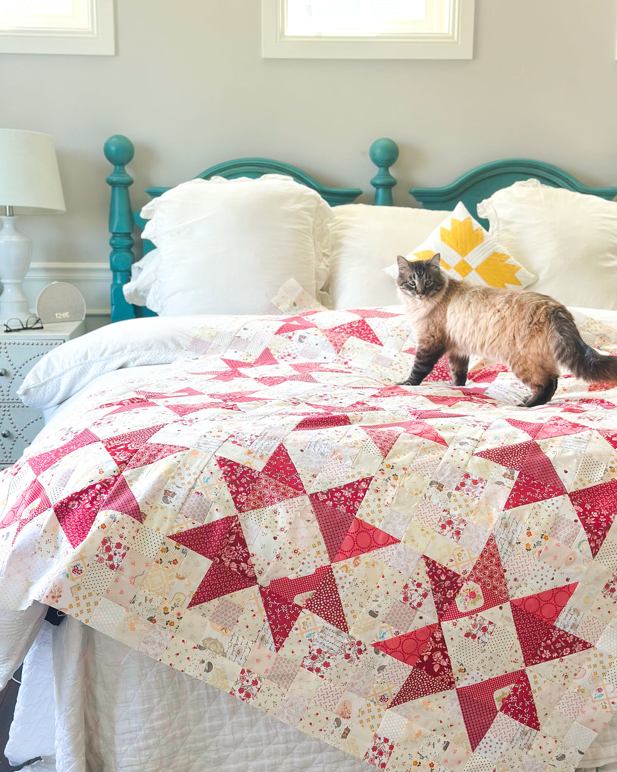 Bed with star-patterned quilt and cat, in a room setting.