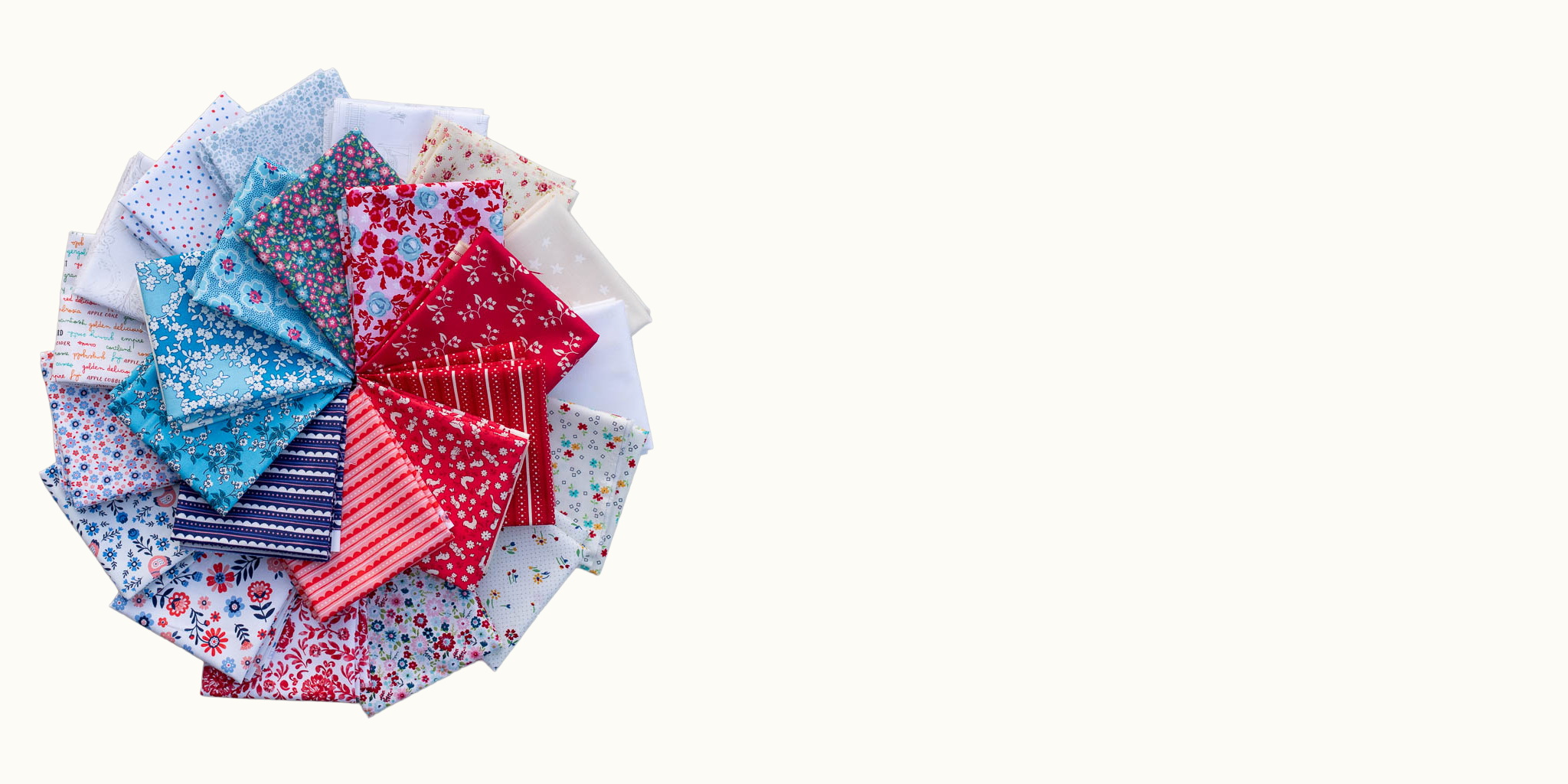 A circular arrangement of folded patterned fabric pieces in red, blue, white, and pink, displayed on a plain off-white background with empty space on the right.