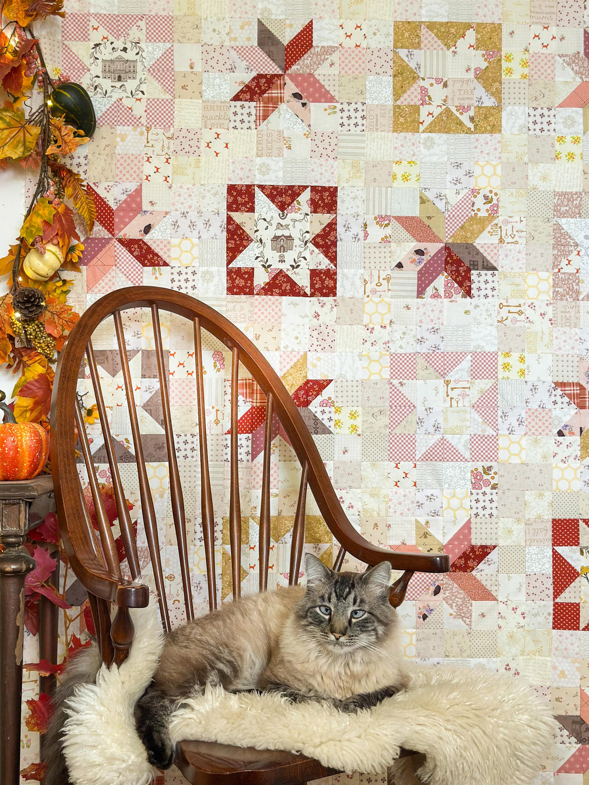 A fluffy gray and beige cat lies on a cream faux-fur throw on a wooden spindle-back chair, set against a wall covered in a patchwork quilt with autumn-themed blocks. Fall garlands and pumpkins decorate the left side of the scene.
